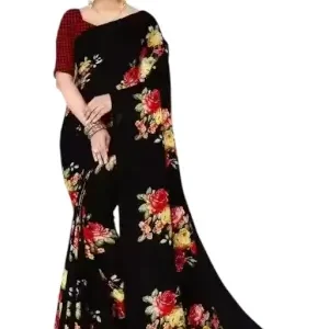 Women's Designer Georgette Floral Printed Saree with Blouse Piece – Cotton Blend, Free Size ( black, Standard ).