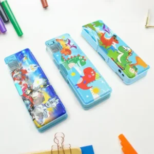Multipurpose Compass Box, Plastic Double Deck Pencil Case with 2 Compartments, Supplies Utility Box Storage Organizer, Pencil Box for School, Cartoon Printed Pencil Case for Kids.