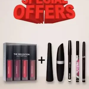 Combo of 4-in-1 Red Matte Lipstick & Waterproof Eye Makeup Set (Pack of 6) ( default, OS )