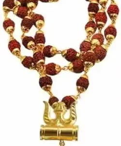 Gold-Plated Shiva Trishul Damru Om Rudraksh Pendant Necklace – Brass Jewelry for Men & Women, Pack of 1 ( default, Standard ).