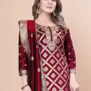Exclusive Super Best Party Wear Salwar Suit Collection for Women – Art Silk Zari Woven Unstitched Set ( red, Standard )