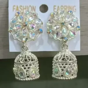 Silver Jhumka Earrings – Adjustable Silver-Plated Jewelry with Artificial Stones ( default, Standard ).