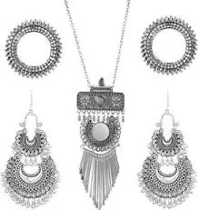 Fashionable Earring & Necklace Set – Silver Oxidised Mirror Work Jhumka Earrings for Women & Girls ( silver, Standard )
