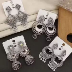 Combo of 4 Pair Oxidised Silver Jhumki & Hoop Earrings – Women/Girls ( default, Standard )