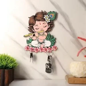 Premium Little Krishna Wooden Wall Key Holder – Multicolor Decorative Organizer ( default, Standard )