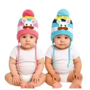 Multicolour New Born Baby Winter Soft Cap with Fur Inside – Pack of 2 ( default, Standard )