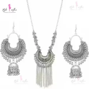 Partywear Silver Bold Necklace Set with Oxidised Finish – Necklace & Earrings for Women. ( default, Standard )