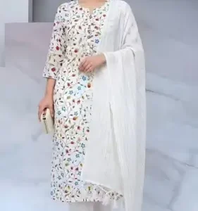 Women’s Cotton Kurta Set – White Printed Kurta with Pant & Dupatta (XXS to XXXL) ( default, XXS )